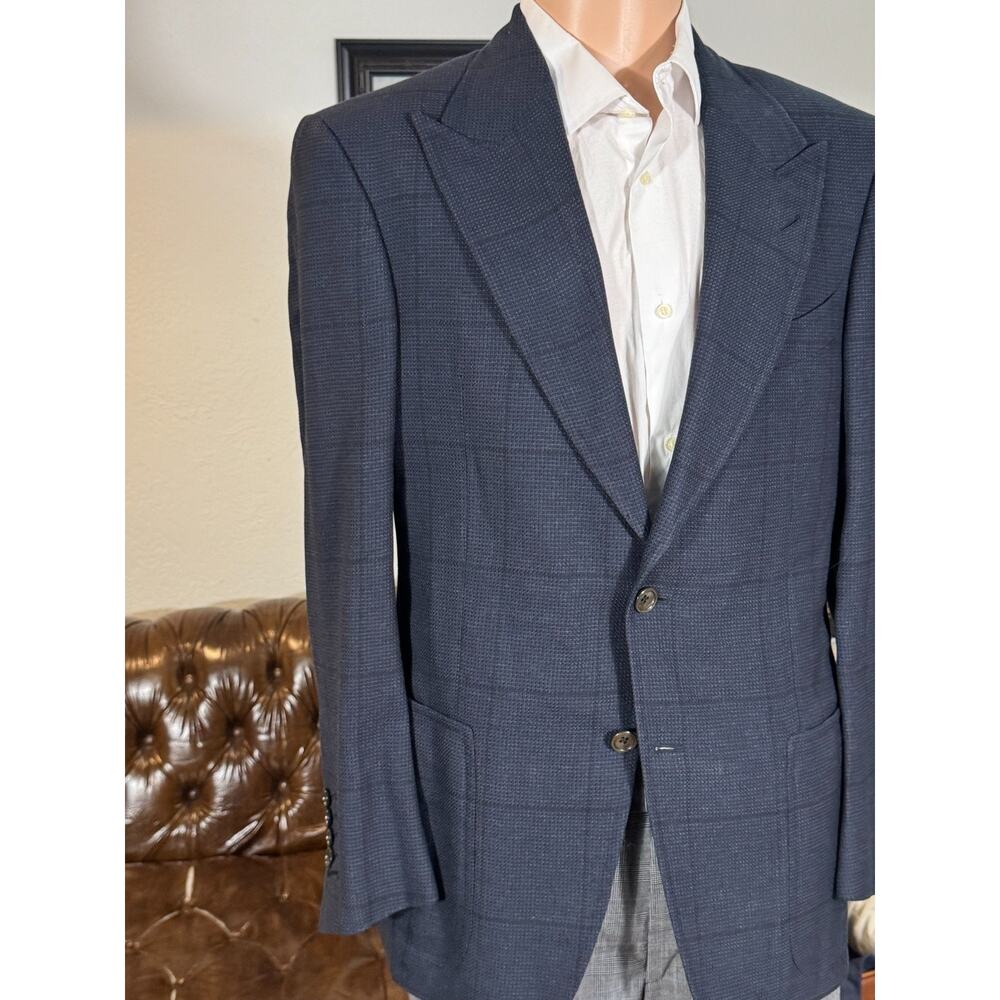 Tom Ford 100% Silk Navy Blue Peak Lapel Houndstooth Windowpane Blazer 50R 40R